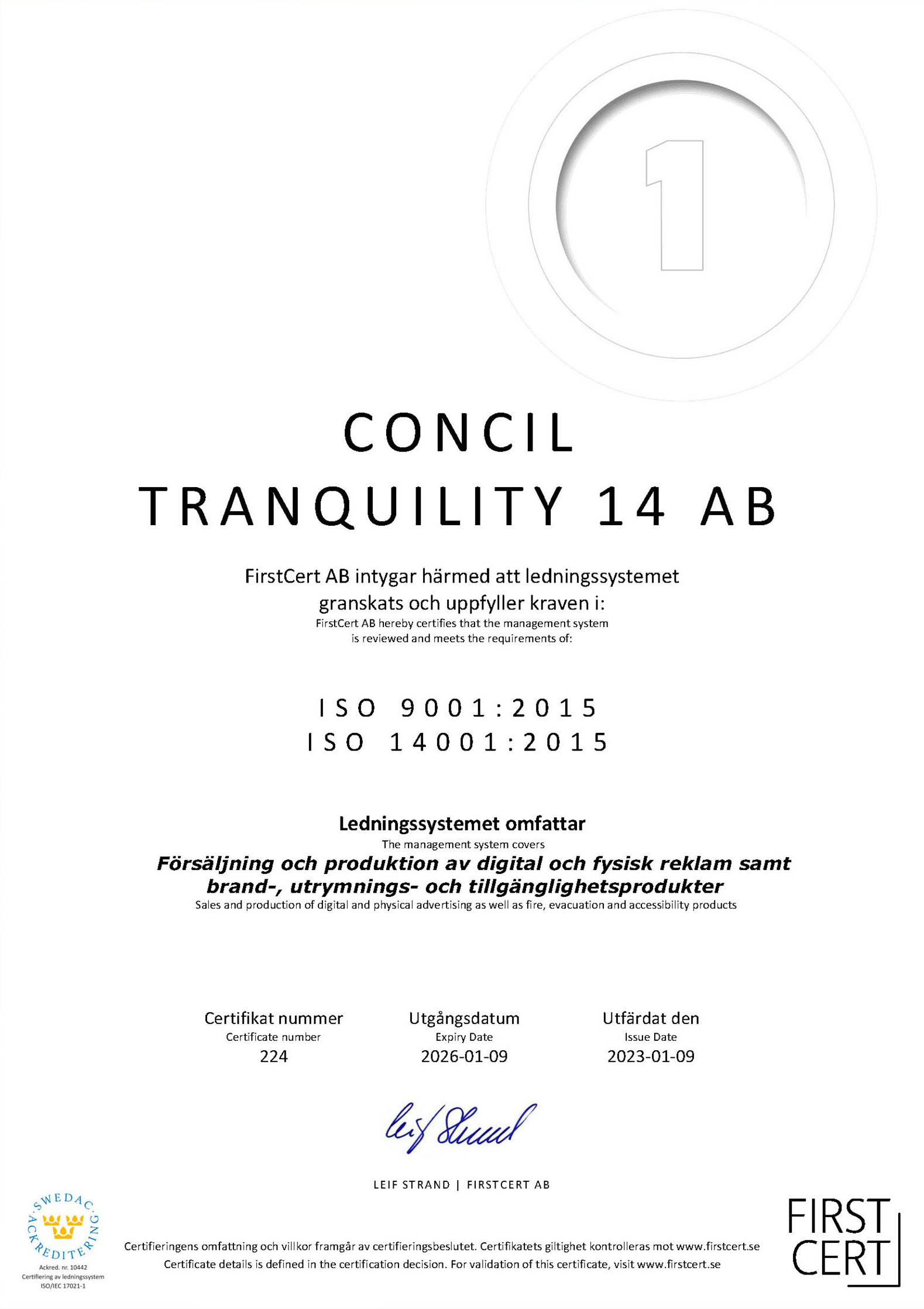 Certifikat ISO - Concil Tranquility 14 AB